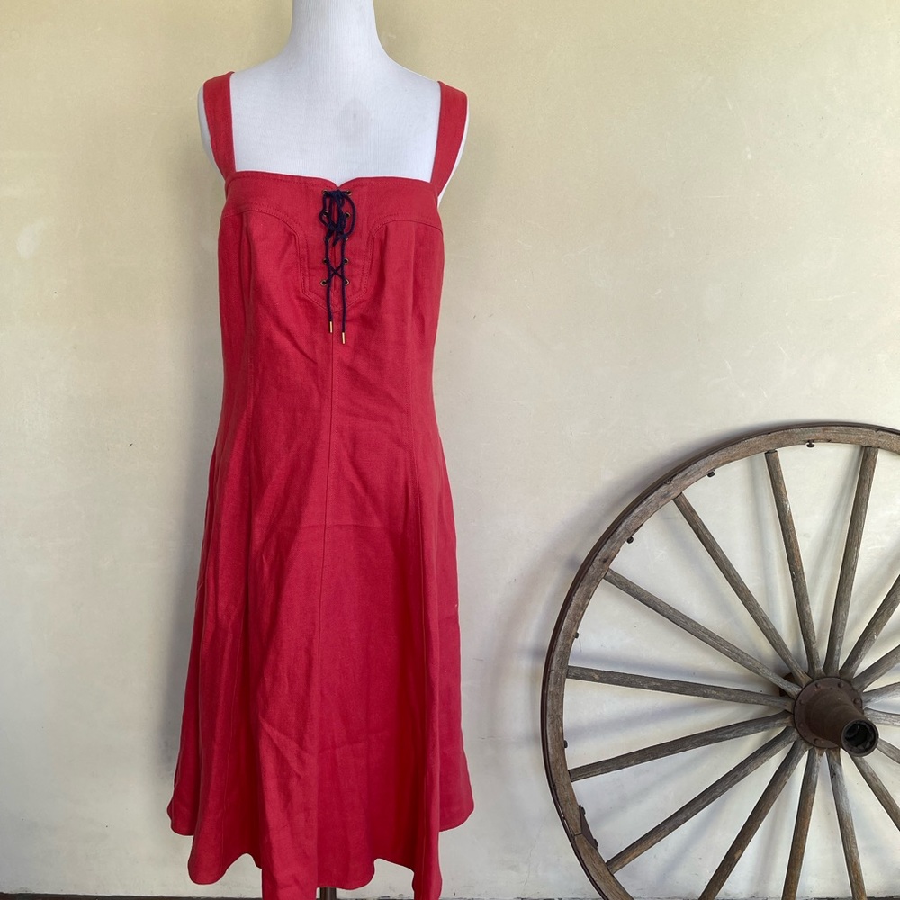 RALPH LAUREN Dress Cranberry Red 100% Linen Pockets Navy Lace-Up Zipper Sz 8 NEW